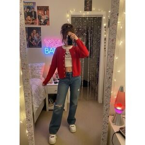 The Limited Red 100% Shetland Wool Cardigan Sweater Womens Medium Made in USA